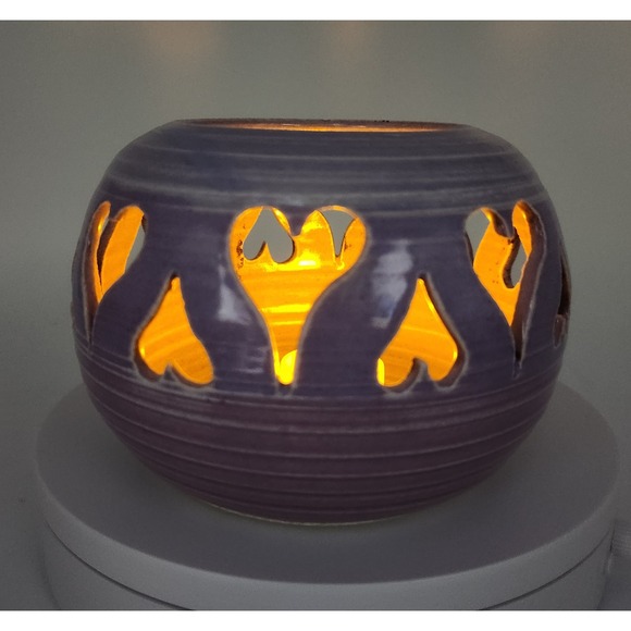 Handmade Signed Ceramic Heart Cutout Lantern Tealight Candle Holder Lilac Rose - Picture 2 of 6